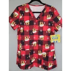NEW Sponge Bob Squarepants Holiday Scrub Top Sz S Short Sleeve Pockets Christmas